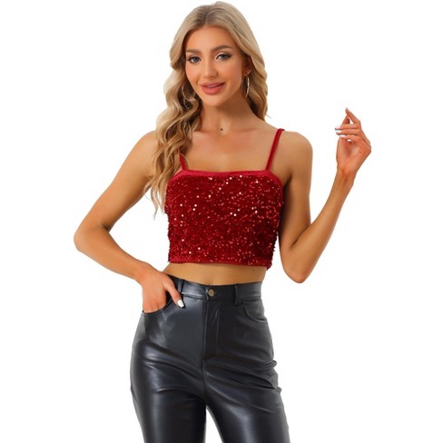 Allegra K Women's Velvet Spaghetti Strap Club Party Crop Sequined Cami Top  Red Small