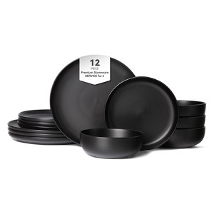 FONTOI 12-Piece Stoneware Dinner Plates, Stackable Bowls Sets for 4, Dinner Plates Bowls Set for Home, Kitchen, Black, 10"*0.7"*10" - 1 of 4
