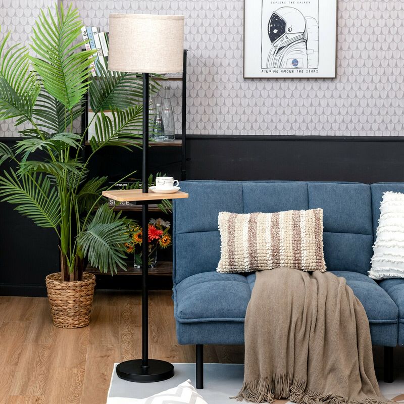Tangkula 3-in-1 Modern Floor Lamp with Tray Table, Linen Fabric Shade & Rubber Wood Tray Table, Include Dual USB Charging Ports, 3 of 11