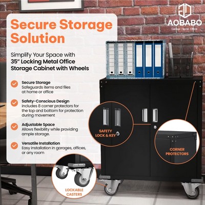 Black Steel Lockable Office Cabinet with Adjustable Shelves and Wheels