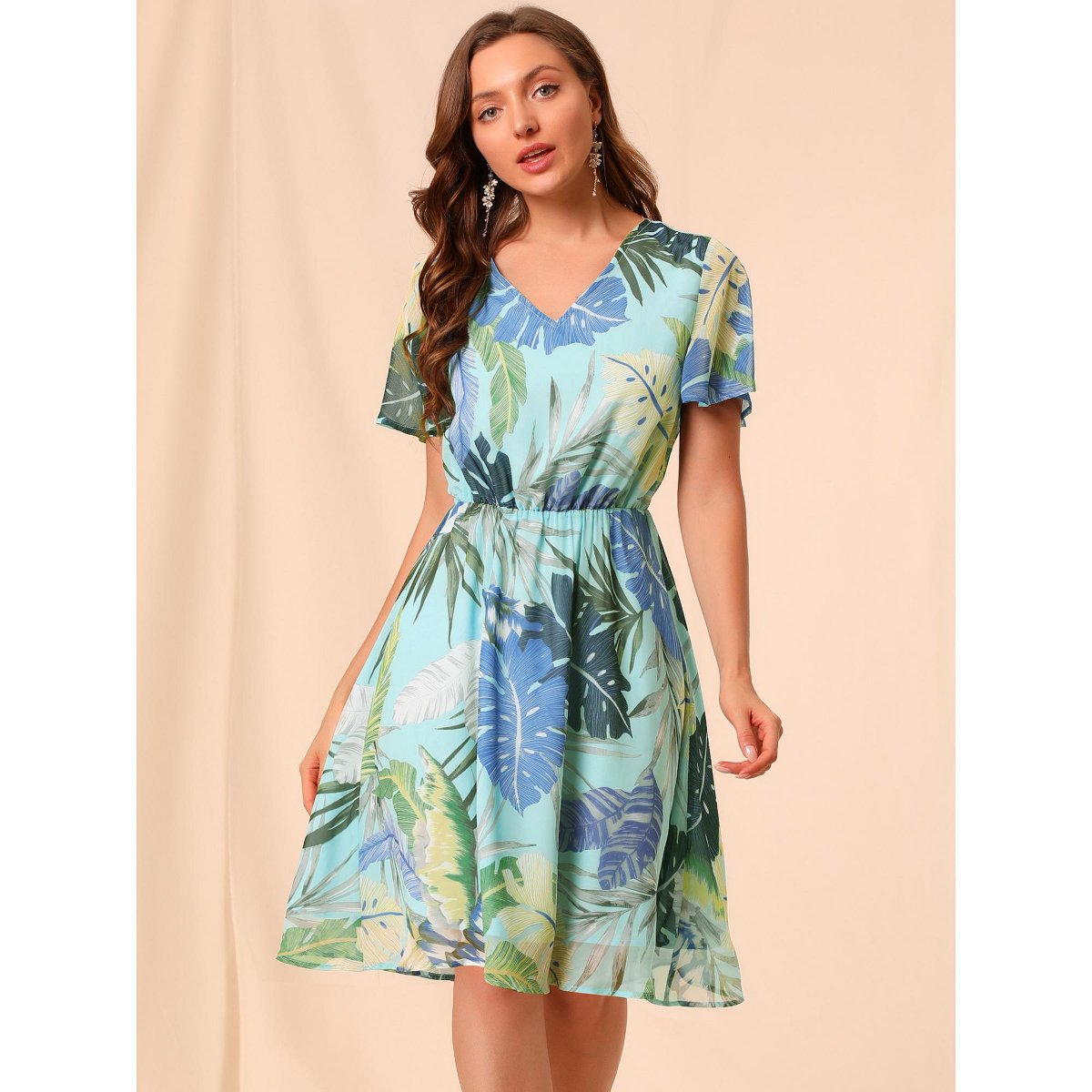 Женские платья INSPIRE CHIC Women's V Neck Flutter Sleeve Chiffon Dresses Green Blue Small — фото 5
