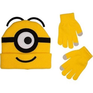 Depsciable Me Minions Cuff 3D Beanie & Glove Set for Kids, Jacquad Knit with Embroidered Appliques, Yellow - 1 of 2