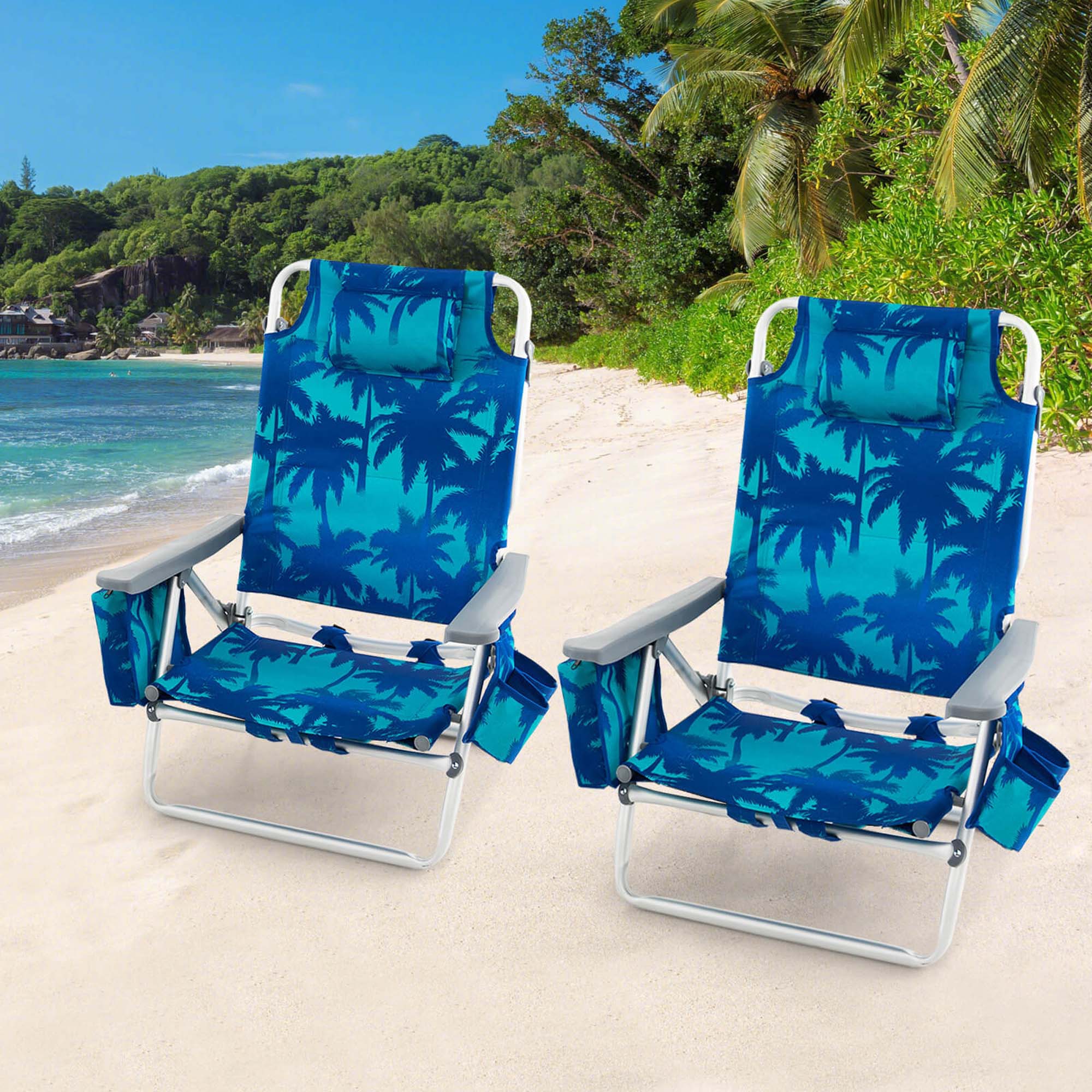 Costway 2-Pack Folding Backpack Beach Chair 5-Position Outdoor Reclining Chairs with Pillow Dark Blue