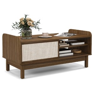 Tangkula Rectangular Coffee Table w/ Storage Weaving Sliding Door & Adjustable Shelf - 1 of 4