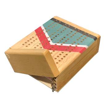 WE Games Mini Travel Cribbage Set - Nautical Print - Solid Wood 2 Track Board with Swivel Top and Storage for Cards and Metal Pegs