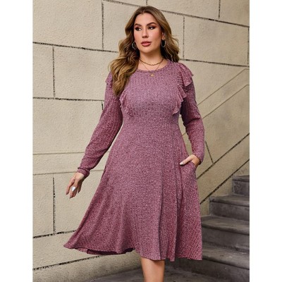 Women's Knit Sweater Dress Crew Neck Midi Dress Long Sleeve Casual Dress Ruffle Hem Slim Fall Dress Wine Red 5XL
