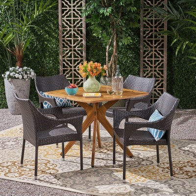 5pc Tioman Wood Wicker Patio Dining Set Teak - Christopher Knight Home