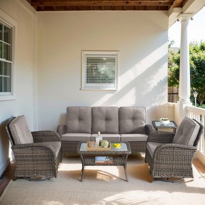 Buenhomino Outdoor 5 Pieces Coversation Set with Swivel Rocking Chair, Patio Furniture High Back Couch with Coffee Table for Porch Balcony Backyard - 1 of 4
