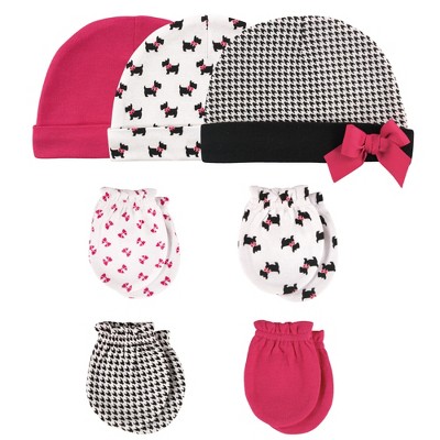 Hudson Baby Infant Girl Cotton Cap and Scratch Mitten 7pc Set, Scottie Dog, 0-6 Months