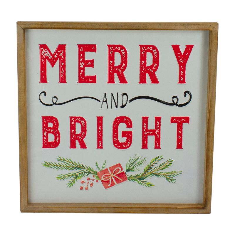 Northlight 16" Wooden Framed "Merry And Bright" Metal Christmas Sign, 1 of 5