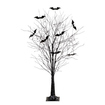 Nearly Natural 5-ft Pre-Lit Artificial Halloween Black Twig Tree with Bats and 50 Warm White LED Lights