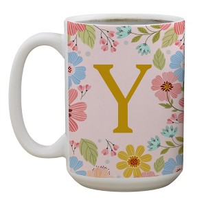 Personalization Mall Flowery Initial Personalized Coffee Mug Gold/Pink - 1 of 1