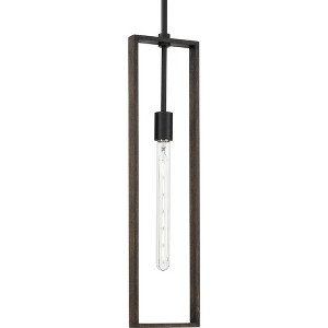 Progress Lighting, Boundary Collection, 1-Light Pendant, Matte Black, Wood Shade - 1 of 3