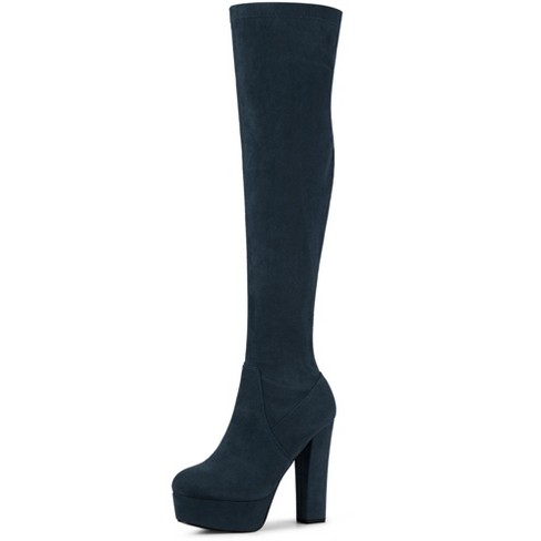 Perphy Women s Platform Chunky Heel Round Toe Over the Knee Thigh High Boots Navy Blue 6.5