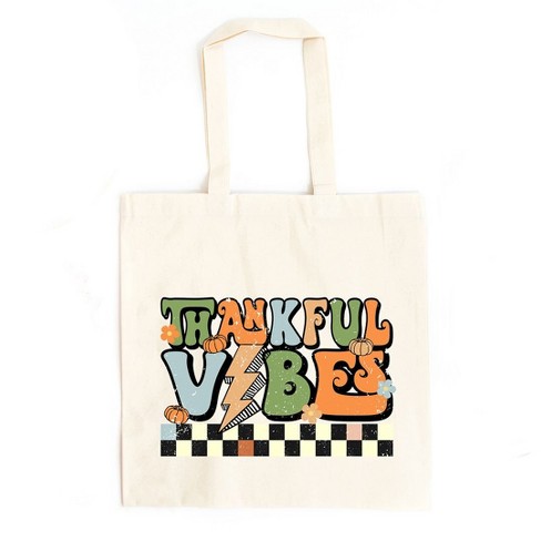 City Creek Prints Thankful Vibes Checkered Canvas Tote Bag - 15x16 - Natural