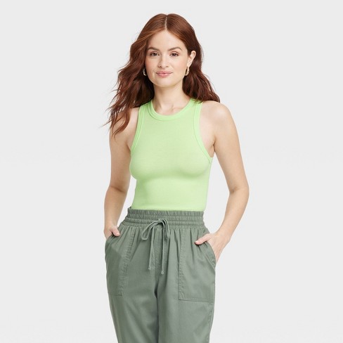 Women's Slim Fit Ribbed High Neck Tank Top - A New Day™ Lime L : Target