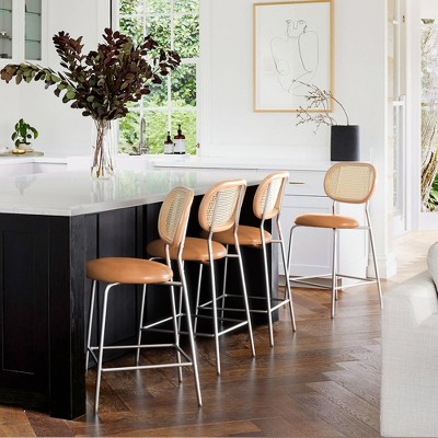 Arceso 24 Inch Faux Leather Bar Stools Set of 4, Rattan and Wood Backrest with Metal Legs, Modern Upholstered Round seat Chair