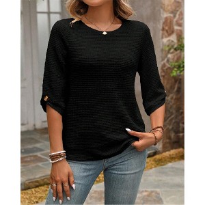 Coolmee Women's Blouses Dressy Casual 3/4 Length Sleeve Waffle Knit Long Sleeve Shirts Crew Neck Going Out Tops Outfits - 1 of 4