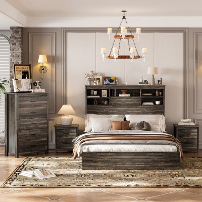 Traditional 4-Piece Queen Bed Set with USB Charging Headboard, 2 Nightstands and 5-Drawer Dresser for Master Bedroom-Cuddlewood