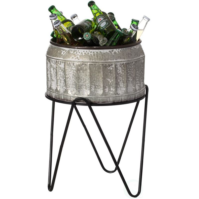 Vintiquewise Silver Galvanized Metal Ice Bucket Beverage Cooler Tub with Stand, 1 of 8
