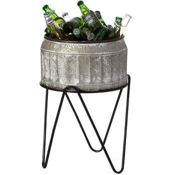 Vintiquewise Silver Galvanized Metal Ice Bucket Beverage Cooler Tub with Stand