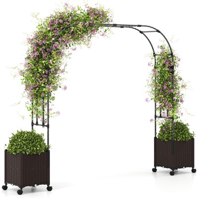 Tangkula 6.6 FT Arch Arbor Trellis with 2 Planter Boxes Garden Pergola Arbor with Detachable PE-Coated Metal Tubes Self-Watering System & Lockable