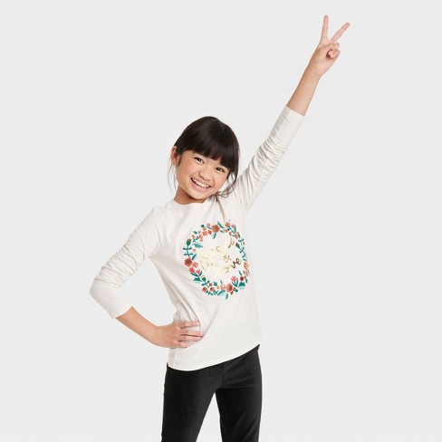 Girls' 'Peace and Love' Long Sleeve Graphic T-Shirt - Cat & Jack™ Cream - image 1 of 3