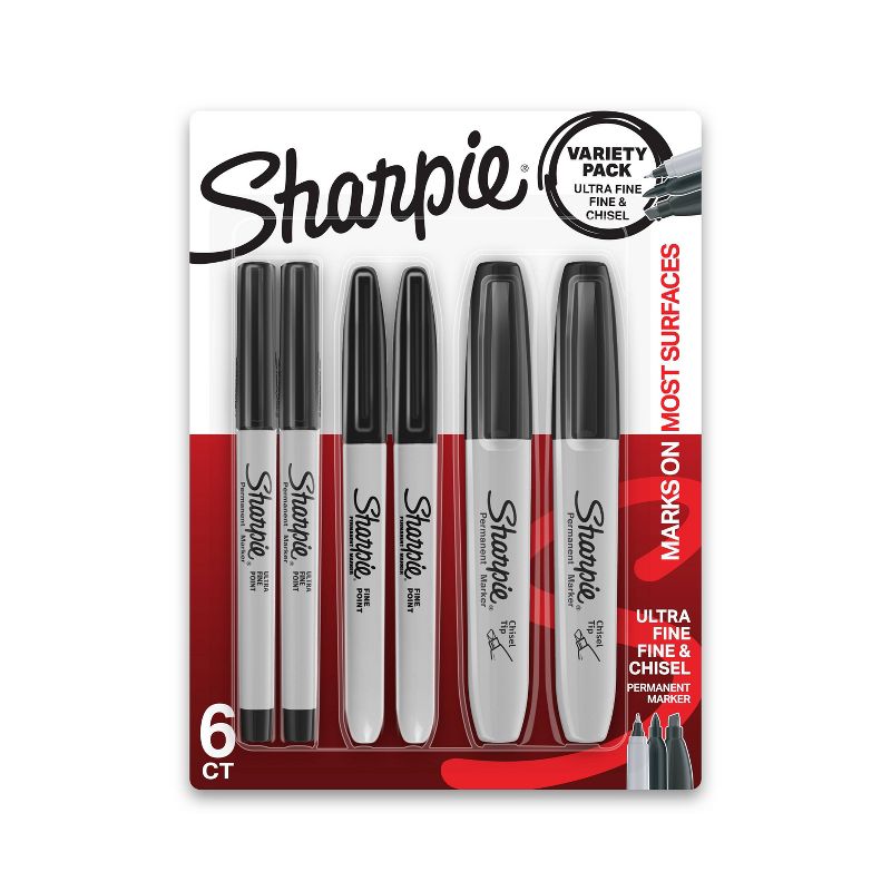 Sharpie 6pk Permanent Markers Ultra Fine/Fine/Chisel Tip Black, 1 of 7