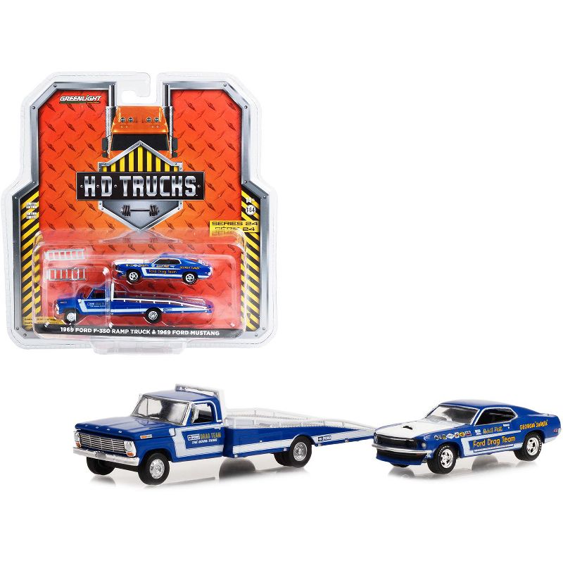 1969 Ford F-350 Ramp Truck Blue "The Going Thing" and 1969 Mustang Blue "Ford Drag Team" 1/64 Diecast Model Car by Greenlight, 1 of 4