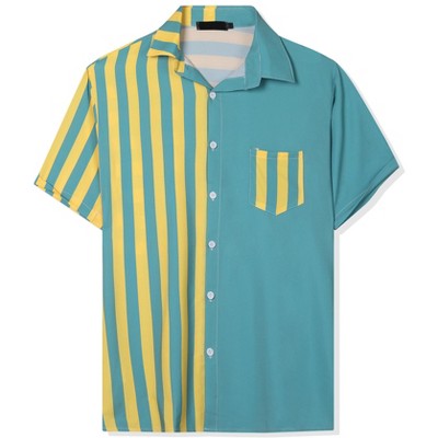 INSPIRE CHIC Men's Patchwork Striped Chest Pocket Color Block Short Sleeve Hawaiian Shirt