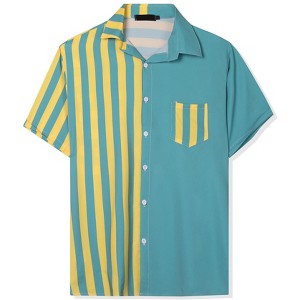 INSPIRE CHIC Men's Patchwork Striped Chest Pocket Color Block Short Sleeve Hawaiian Shirt - 1 of 4