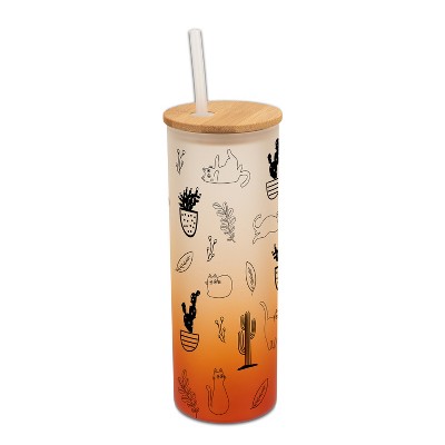 Elanze Designs Cactus Plant Desert Kitty Cat Lover Wrap-Around Design 25 Ounce Frosted Gradient Glass On-The-Go Coffee Travel Skinny Tumbler Mug Cup,