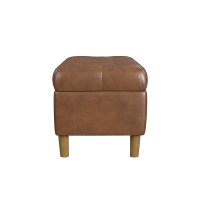 Brown Faux Leather Tufted Storage Bench with Oak Legs