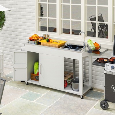 White Stainless Steel Outdoor Grill Table with Sink and Storage