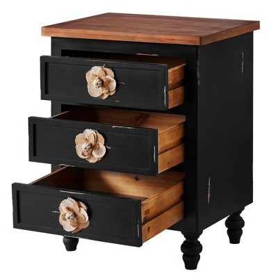 Lirago Black Vintage Farmhouse End Table 24.8"H x 14.2"D x 18.9"W Rustic Nightstand with 3 Drawers Floral Knobs