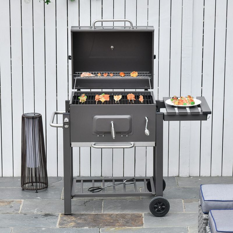 Outsunny Charcoal BBQ Grill, Outdoor Portable Cooker for Camping or Backyard Picnic with Side Table, Bottom Storage Shelf, Wheels and Handle, 2 of 7