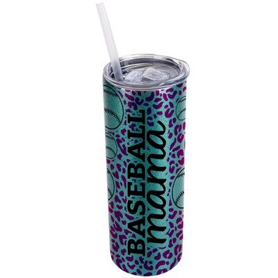 Elanze Designs Leopard Print Hot Pink Turquoise Blue 20 Ounce Double Wall Stainless Steel Glitter Travel Tumbler With Sliding Lid And Straw, Baseball