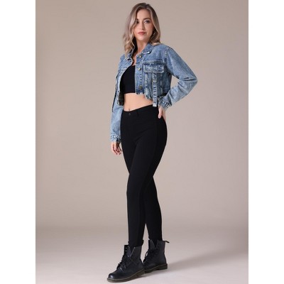 INSPIRE CHIC Women's Crop Turndown Collar Button Down Cargo Pockets Denim Jacket Medium Gray Blue — фото 5