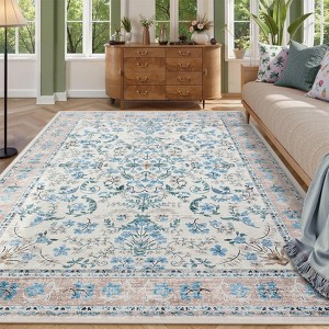 Washable Area Rug, Boho Floral Soft Rugs for Living Room, Non Slip Low Pile Carpet for Bedroom, Dining Room, Nursery, Hallway - 1 of 4