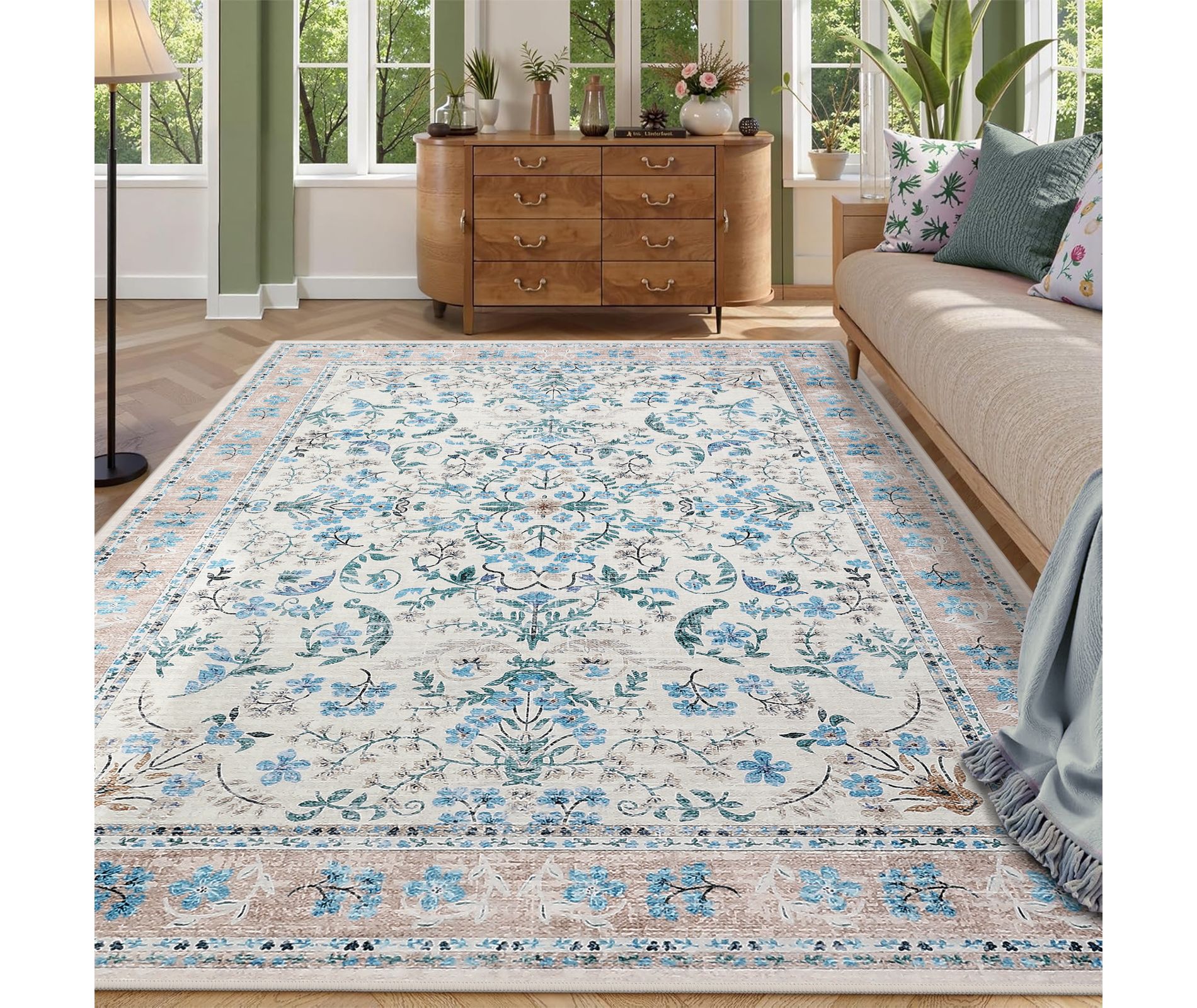Washable Area Rug, 8x10 Boho Floral Soft Rugs for Living Room, Non Slip Low Pile Carpet for Bedroom, Dining Room, Nursery, Hallway, Blue: Pet Friendly