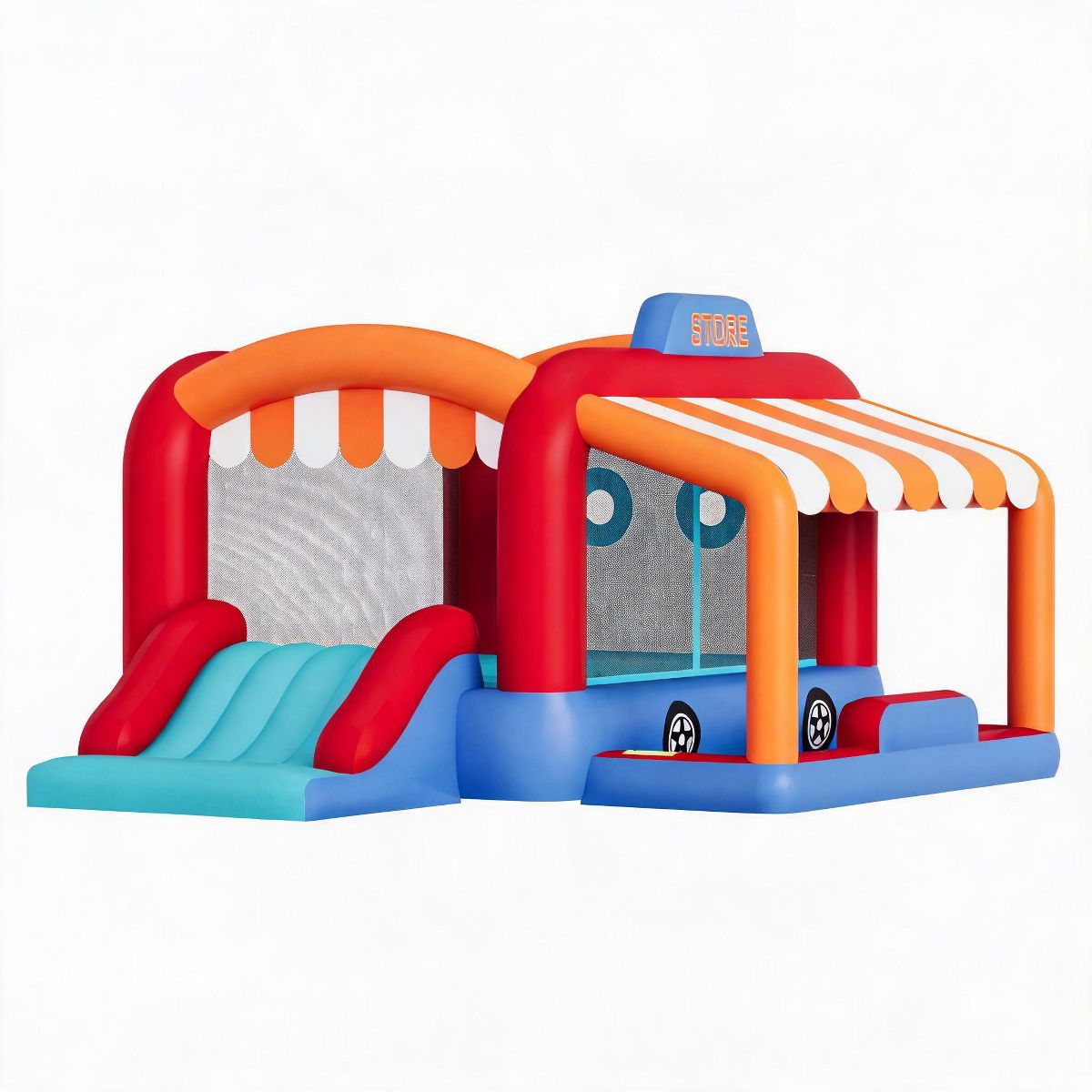 Kids Inflatable Bounce House with Slide, Bounce Area, Ball Pit, Basketball Hoop, Ball Shooting for Christmas Birthday Parties