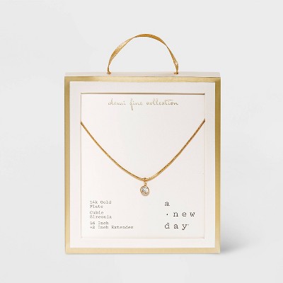 14K Gold Plated Cubic Zirconia Herringbone Bezel Chain Necklace - A New Day&#8482;