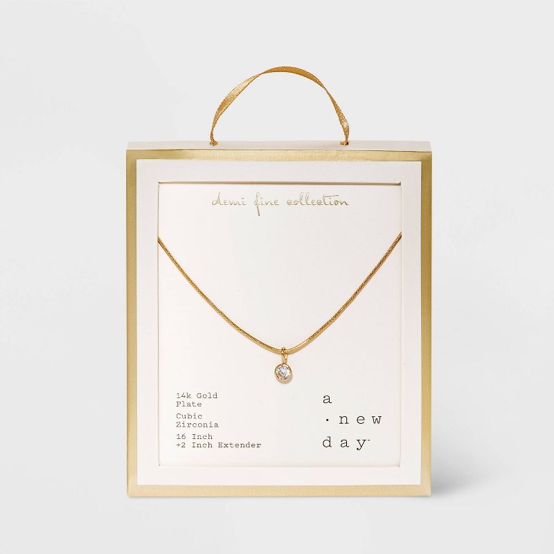 14K Gold Plated Cubic Zirconia Herringbone Bezel Chain Necklace - A New Day&#8482;, 4 of 7