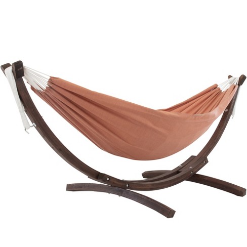 Vivere double cotton hammock with solid pine arc clearance stand