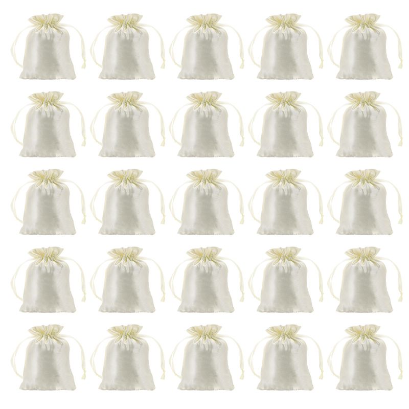 Unique Bargains Mini Smooth Wedding Christmas Satin Bags with Drawstring 50 Pcs Beige