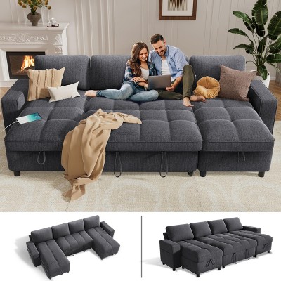 Vipbear Modular Sectional Sleeper Sofa with Pull Out Bed, U Shaped Sectional Sofa with USB Ports/Adjustable Backrest/2 Storage Seats