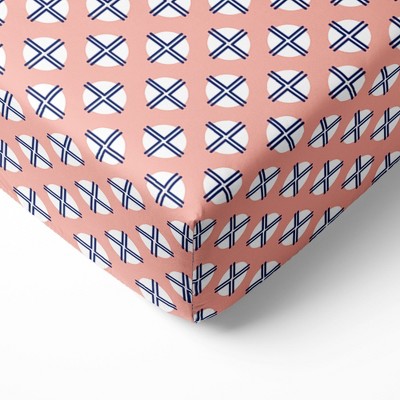 Bacati - Olivia Print Dot Cross Coral Navy 100 percent Cotton Universal Baby US Standard Crib or Toddler Bed Fitted Sheet