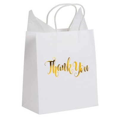 White Thank You Paper Bags with Handles and Tissue Paper (8.1 x 9 x 4 In, 15 Pack)