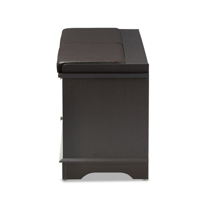Contemporary Dark Brown Wood 2-Drawer Shoe Storage Bench with Faux Leather Cushion