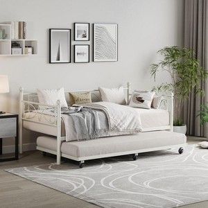 Twin Size Daybed Frame with Trundle, Floral Headboard and Heavy-duty Steel Slats, Ideal for Living Rooms and Guest Rooms, Gold - 1 of 4